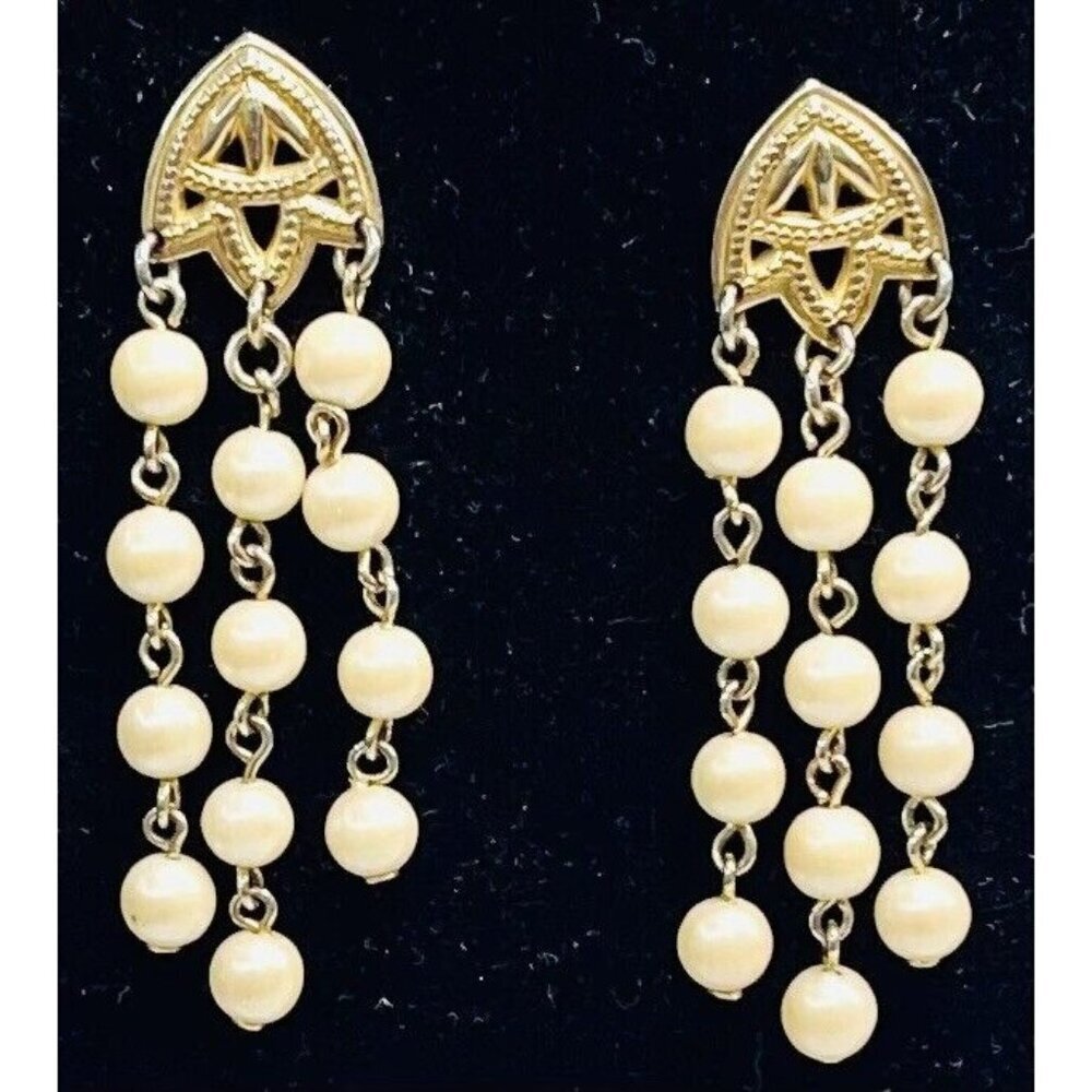 VTG AVON 2.5" Art Deco Style Goldtone & Faux Pearl Stud Dangle EARRINGS No Backs